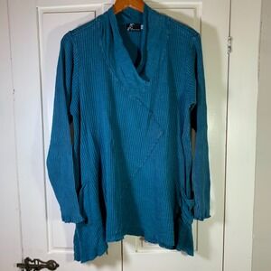 Fenini Womens XL Teal Blue 100% Cotton Ribbed Knit Cowl Neck Tunic Top Pockets